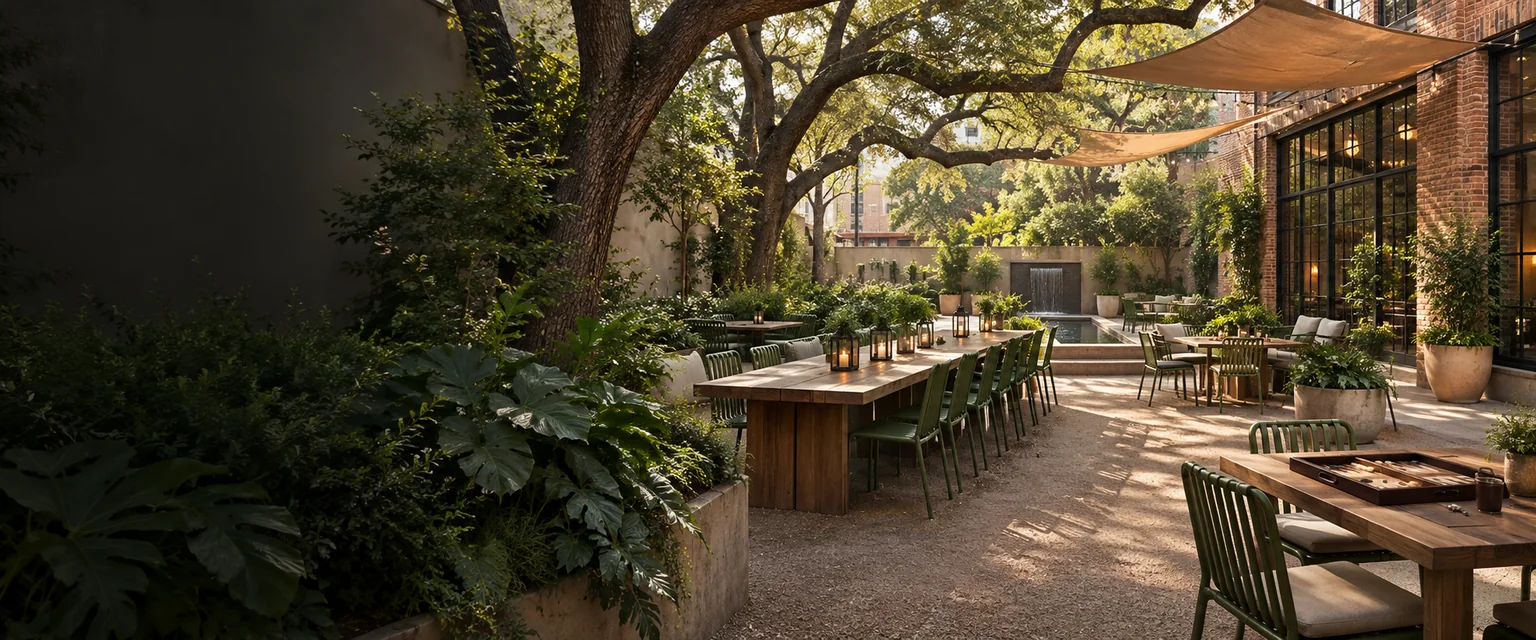 A welcoming Houston courtyard with shared tables under live oaks